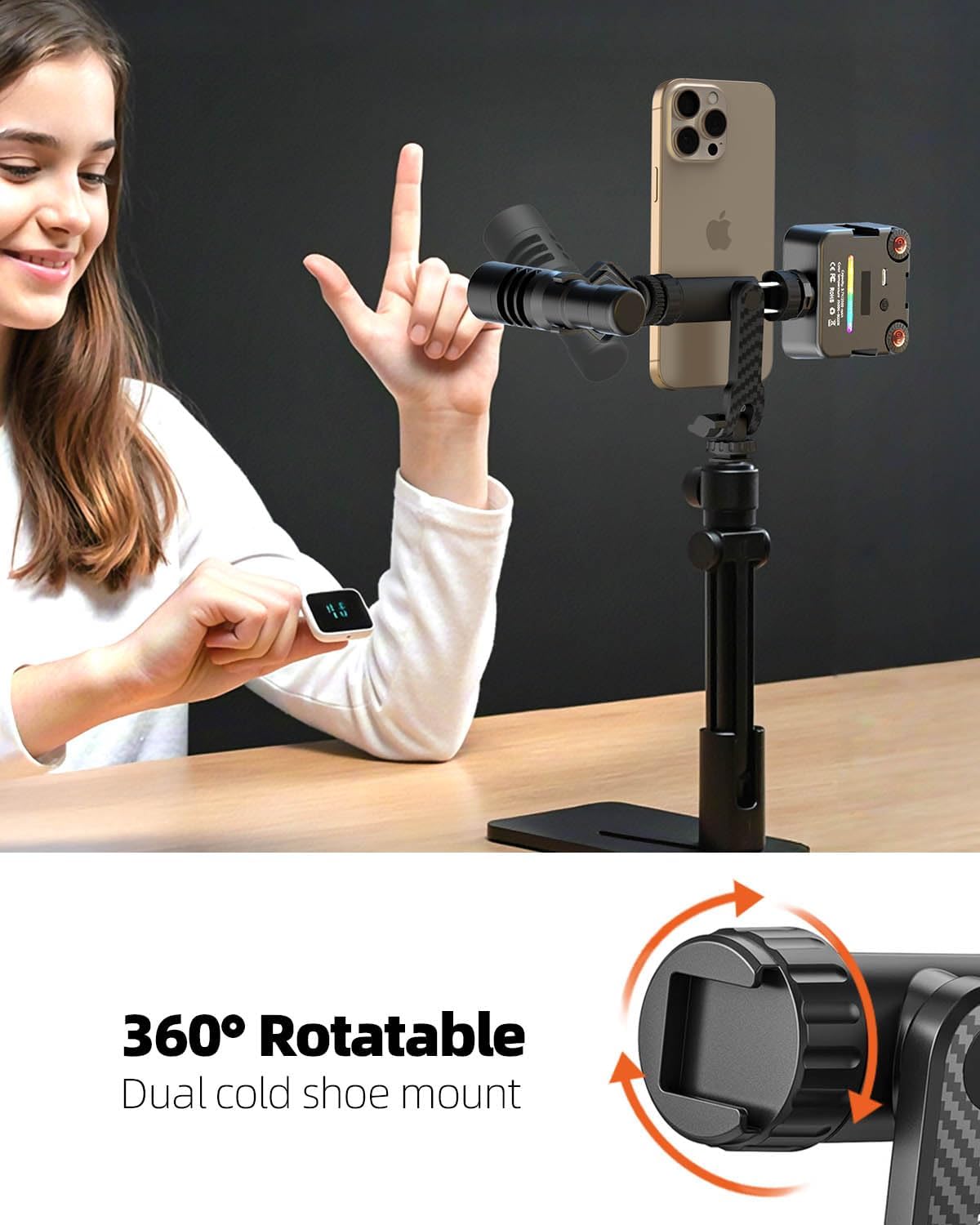 Phone Tripod Mount, Universal Cell Phone Mount for Tripod with 2 Cold Shoe & 1/4" Standard Screw, 360° Rotates & 180° Tilts Adjustable Phone Holder Adapter for Mobile & Camera Photography