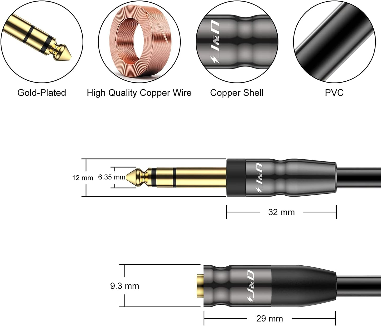 J&D 1/4 inch to 3.5mm Headphone Adapter, Heavy Duty Copper Shell Connecter Joint 3.5mm 1/8 inch Female TRS to 6.35mm Male TRS Stereo Audio Extension Cable, 6 Feet