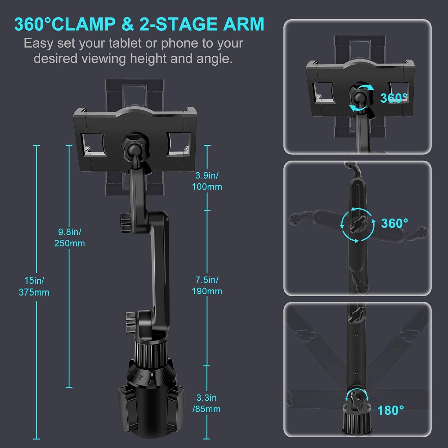 Cup Holder Car Tablet Mount for Truck, 360° Adjustable 15" Long 2-Arm Stand Holder for iPad Pro 12.9/11/10.5/9.7/Air/Mini 6/5/4, Samsung Galaxy Tab/Z Fold 6/5/4, iPhone 16/15/Pro, 4.7-12.9" Tab &Phone