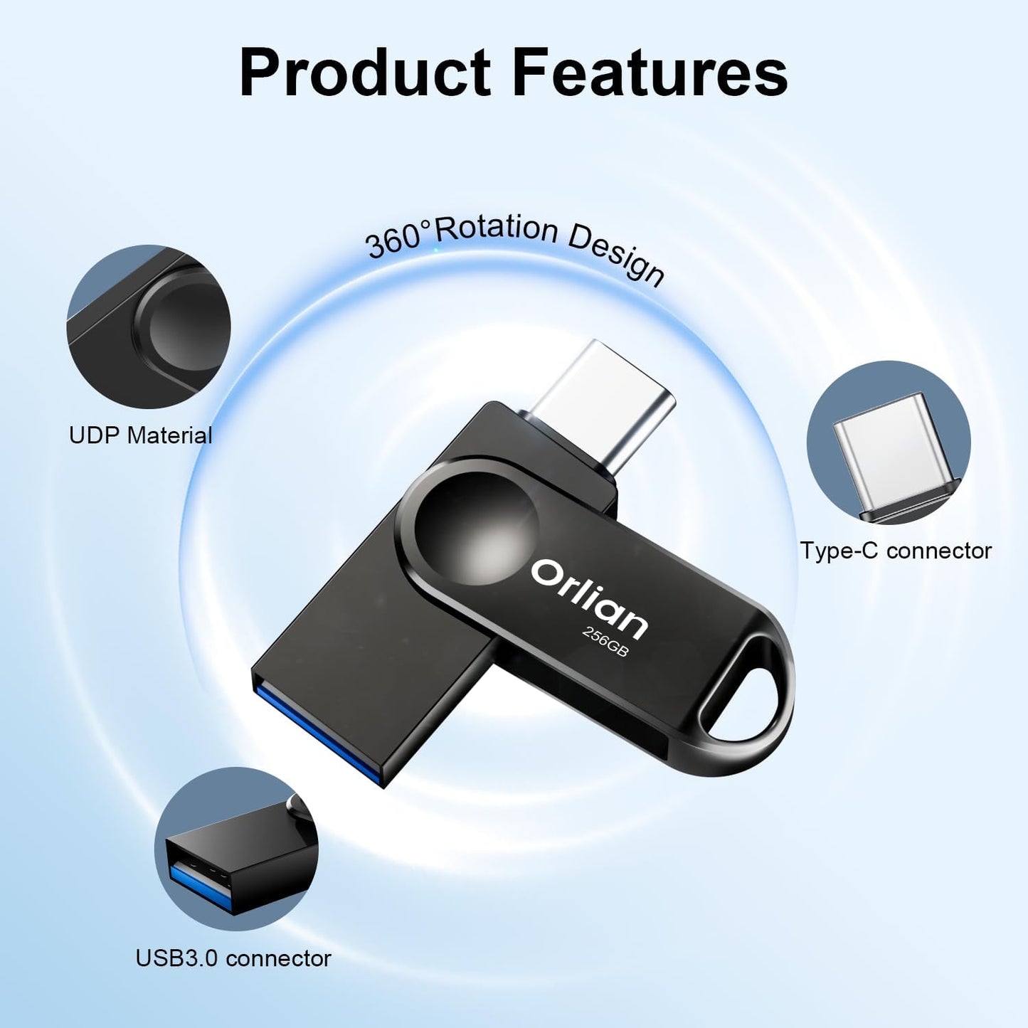 256GB USB-C & USB-A Dual Flash Drive, Waterproof, Metal, Slim Thumb Drive, OTG for PC, Smartphone, Tablet