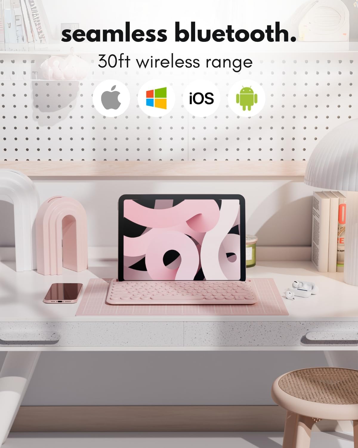 Macally Bluetooth Keyboard for Tablet | Wireless Keyboard for iPad mini/Air/Mini, iPhone (Multi-Device, Built-in Stand, Rechargeable) Easy to Use and Cute Portable