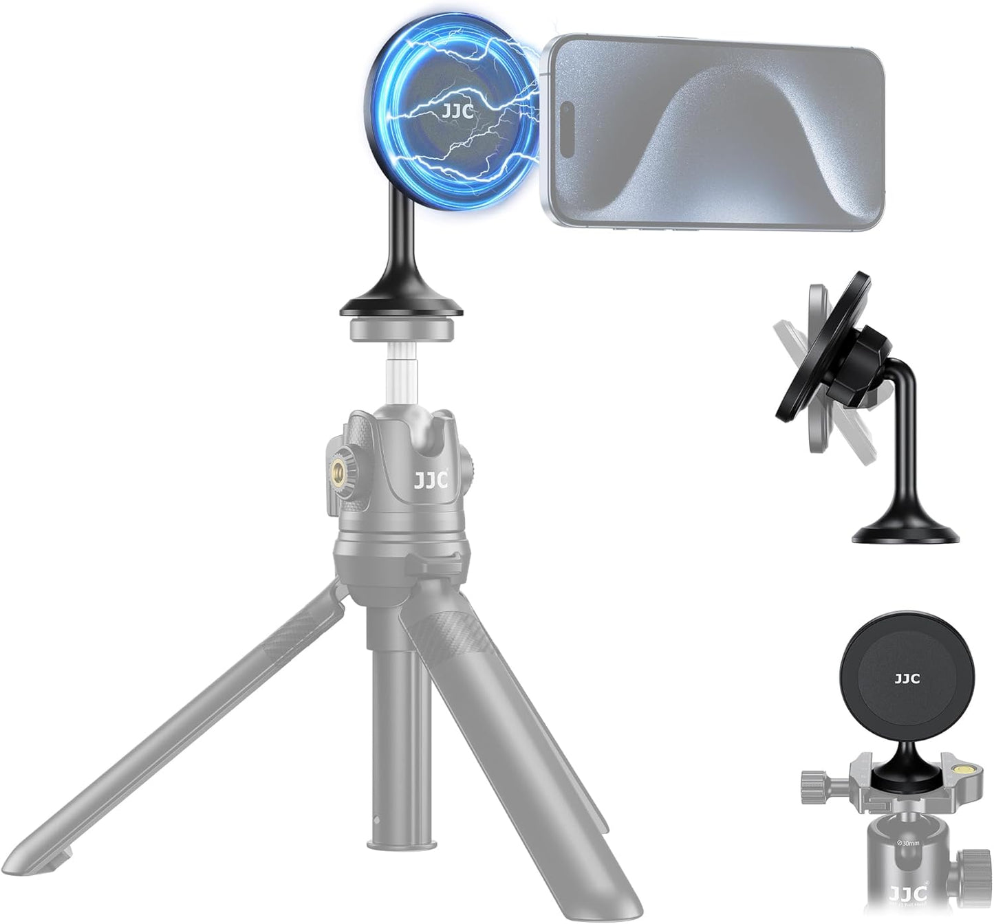 Magnetic Phone Tripod Mount Adapter with Arca Base&1/4" Screw Hole Compatible with MagSafe, 60° Tilt iPhone Tripod Holder for iPhone 17 16 15 14 13 12 Pro Max Plus, Selfie Stick Tripod Arca Ball Head