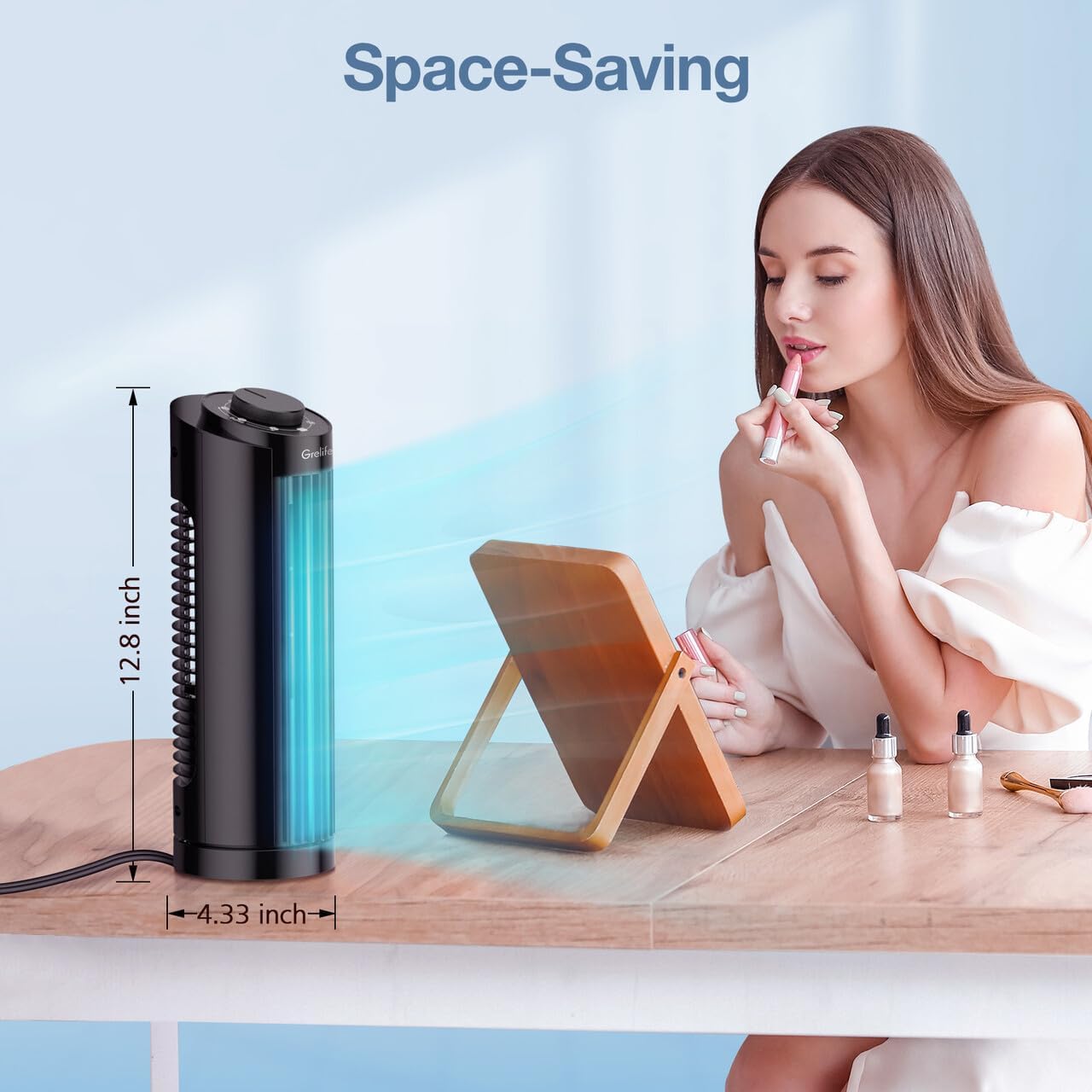 Grelife Tower Fan with Remote Control, Fast Cooling Desktop Fan, 90° Oscillation, 3 Speeds, 3 Wind Modes, Touch Screen, Auto Timer, Ideal for Home, Office Bedroom