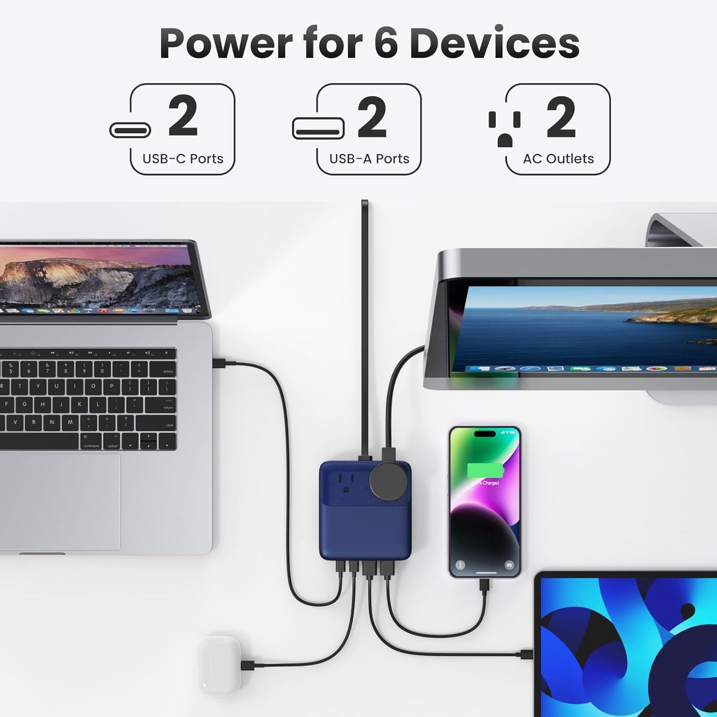 USB C Charger Block,135W GaN IV Fast Charging Station Hub,6-in-1 USB C Power Strip with Flat Plug and 5ft Cord,2 AC,2 USB A,2 USB C,PD 65W Laptop Charger for MacBook Air/Pro,iPhone16/15,S24-Dark Blue