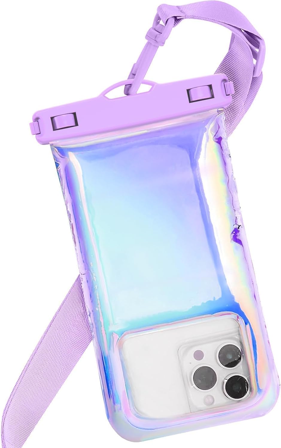 1 Pack Iridescent Waterproof Phone Pouch Compatible with iPhone 12/13/14/15/16 Pro Max, Beach Essentials IP68 Waterproof Dry Bag with Crossbody Lanyard, Purple - 7″