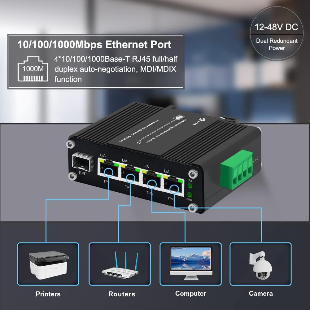 Industrial Gigabit 4-Port Ethernet Switch - Hardened 10/100/1000Mbps Fiber with 100/1000M Adaptive SFP Slot, Din Rail/Wall Mount, Unmanaged Network, 12-48V DC, 5-Port
