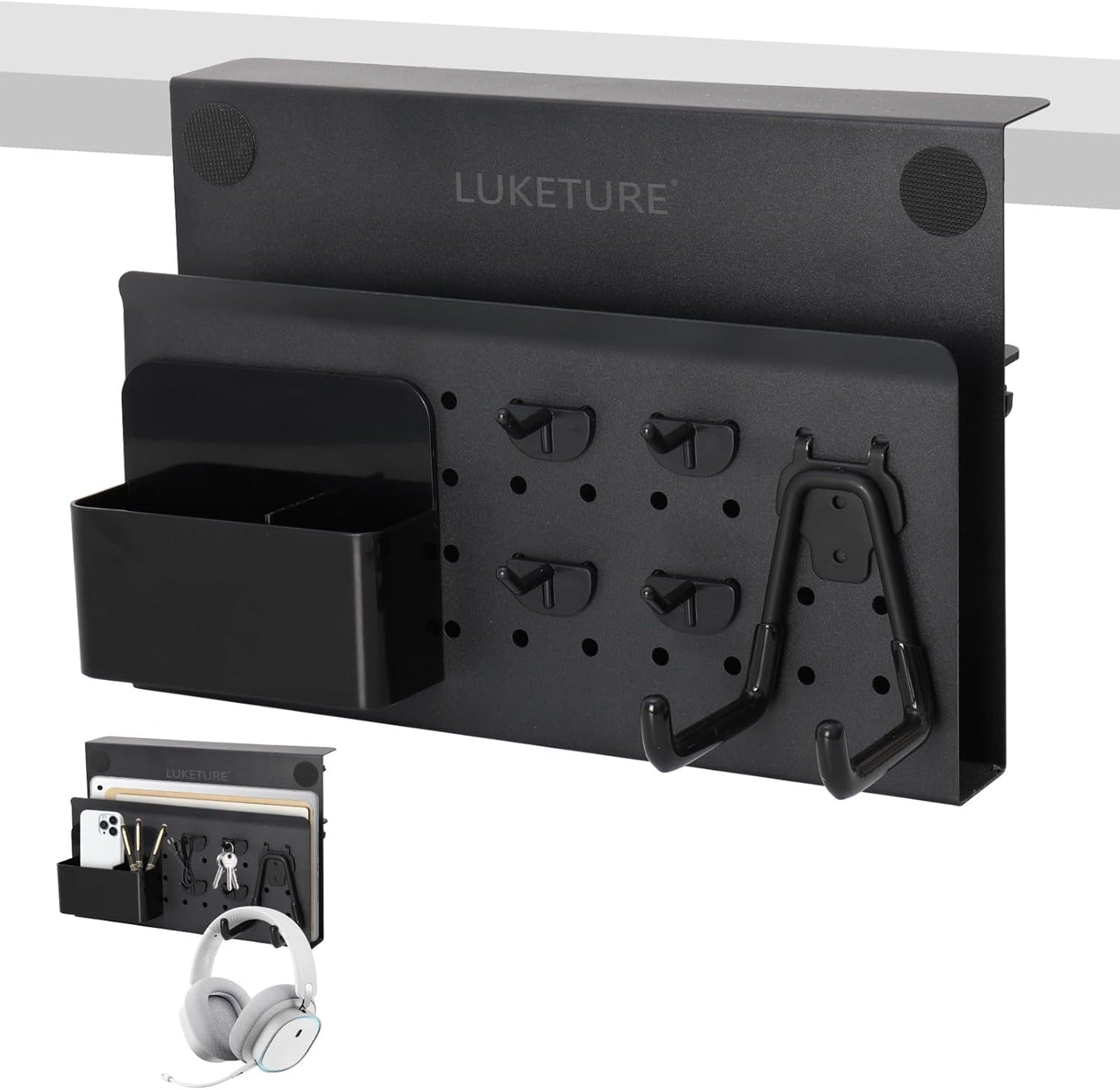 LUKETURE Desk Side Storage, No Drill Laptop Side Desk Mount, Steel Hanging Organizer, with Pegboard Accessories, Clamp on Laptop Holder for Office and Home, Fits Flat Edge Tables 0.3" to 2.8"