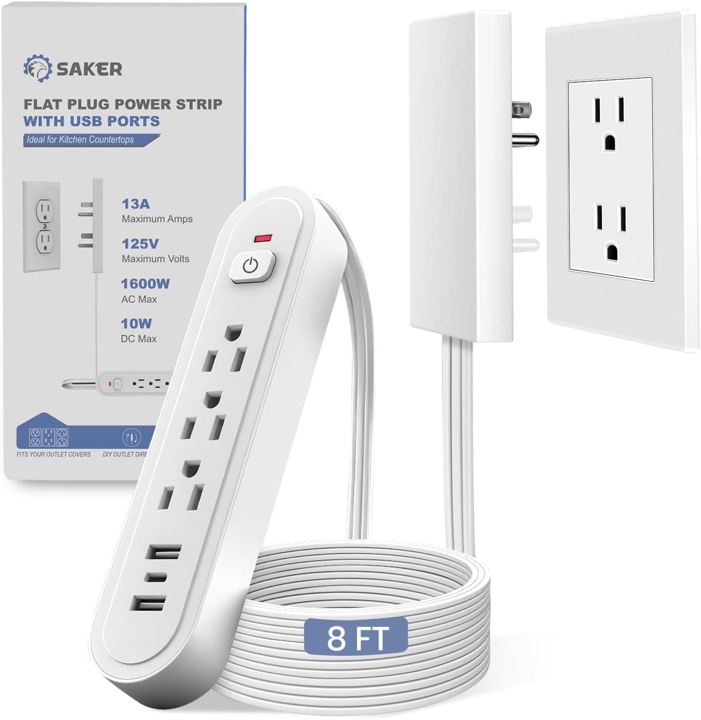 Saker Outlet Concealer Power Strip, 8FT Surge Protector Flat Extension Cord with 3 Outlets and 3 USB Ports, Outlet Cover Baby Proofing for Kitchen, Home and Office (8FT)