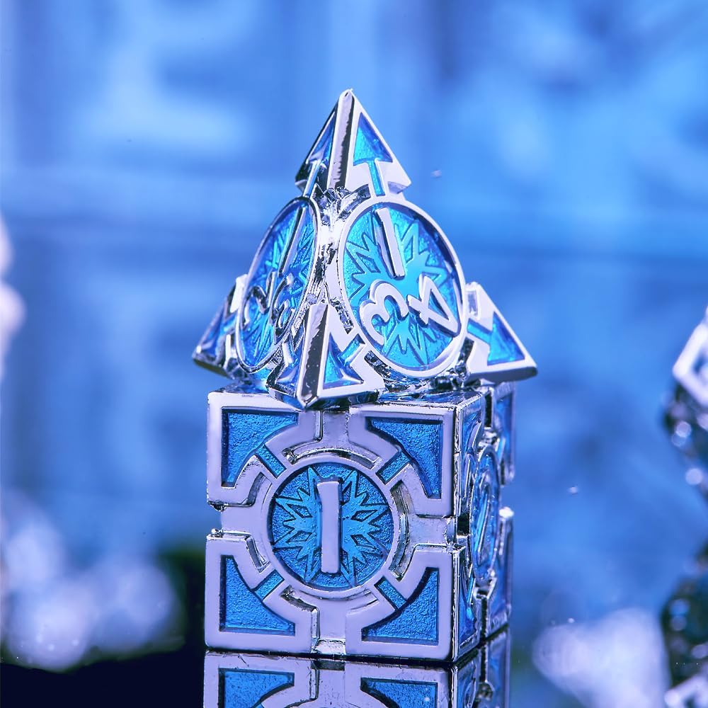 Rare Chrome-Plated DND Dice Set, Metal D&D Dice Sets Made of Durable Zinc Alloy，Dungeons and Dragons Dice with Gift Box, D and D Dice Set (Blue)