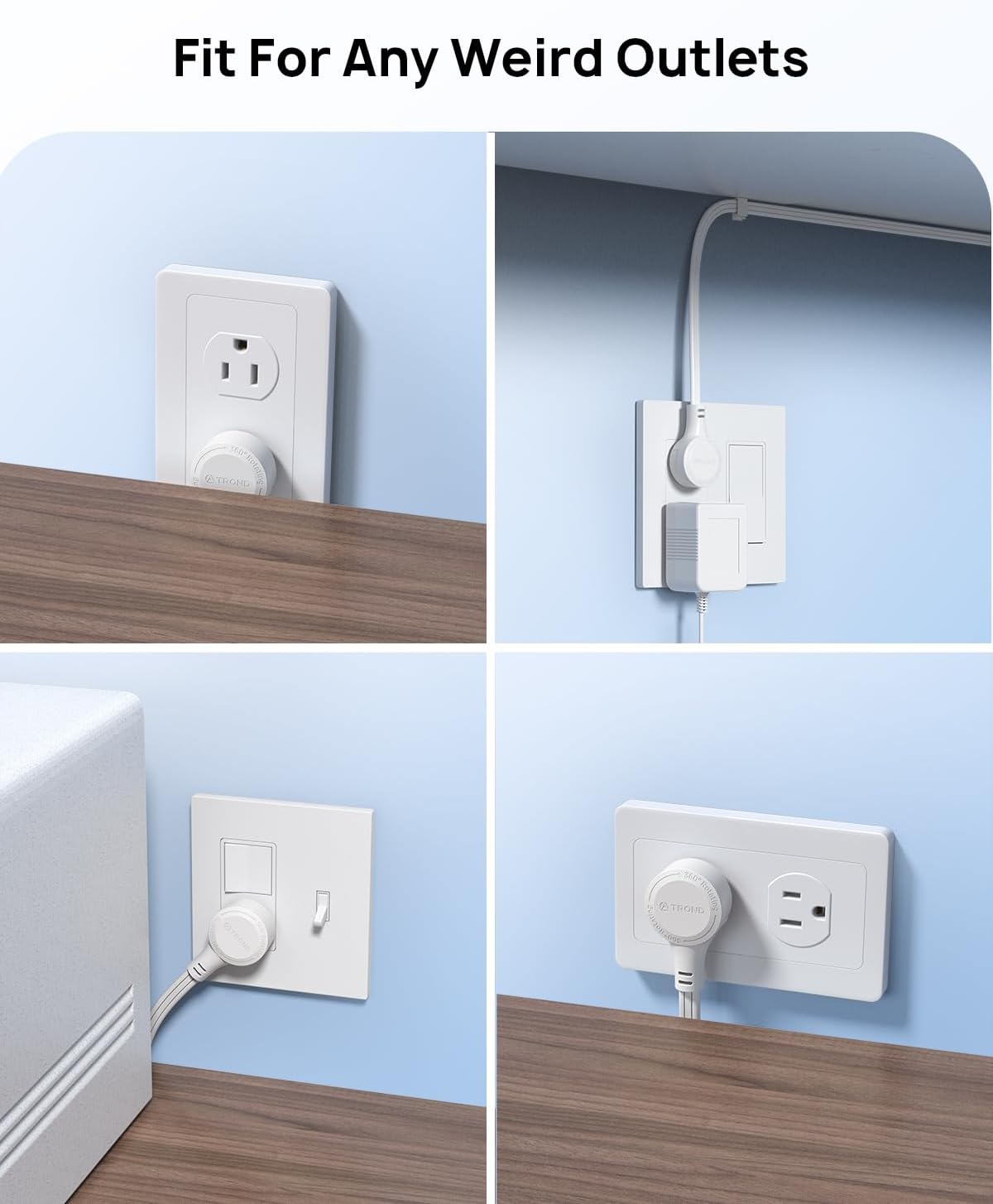 TROND Flat Extension Cord 10ft with 360° Rotating Plug, Low Profile Small Power Strip, 3 Prong Grounded Outlets Cube, 13A, SPT 16/3 AWG Cable, for Indoor Home Office Kitchen Cruise Essentials, White