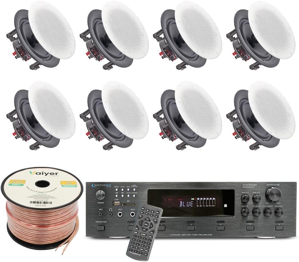 Vaiyer Home Audio System Kit, 6-Channel 6000 Watts Bluetooth Amplifier with 6.5" 8 QTY of 200 W Each Frameless in-Wall in-Ceiling Speakers & 16 AWG 500 ft. Speaker Wire - Perfect for Home, Office, Bar