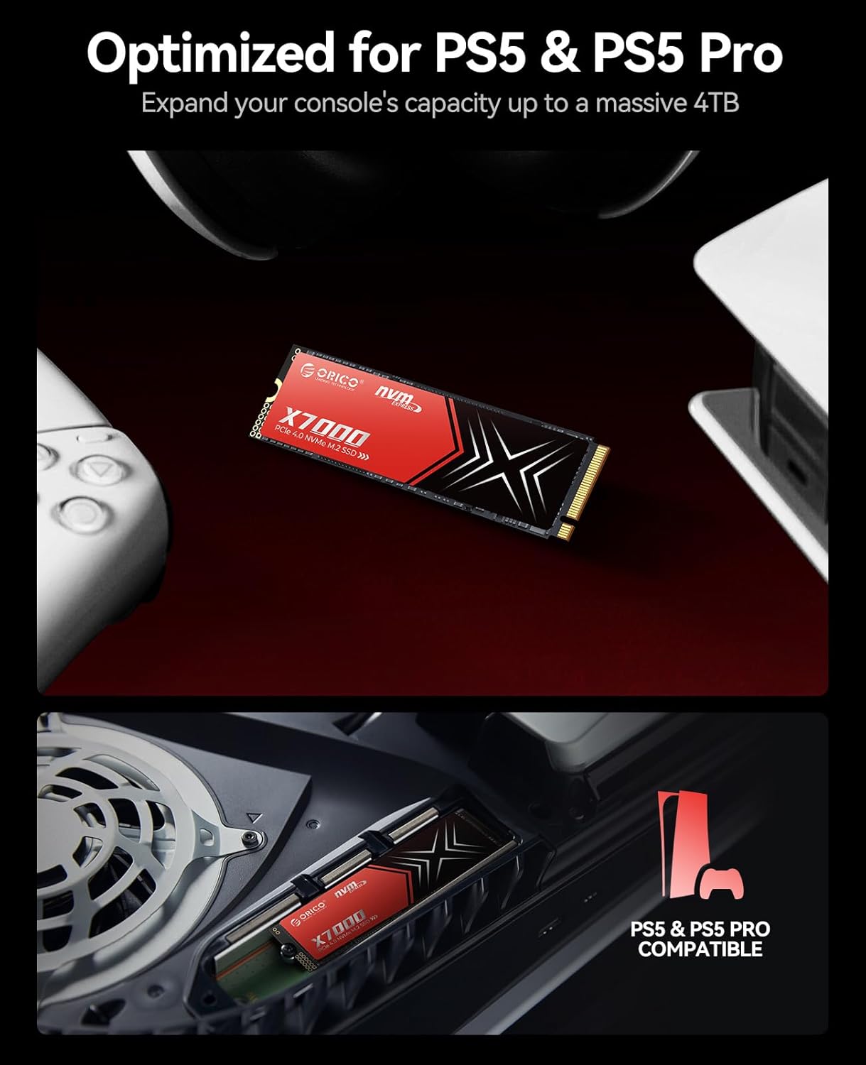 ORICO X7000 1TB NVMe SSD for Gaming, 7100MB/s Read Speed, 17μs Response Time, PCIe Gen 4 Internal Drive, PS5 & PC Compatibility, Comes with Heatsink for Enhanced Cooling and Multitasking