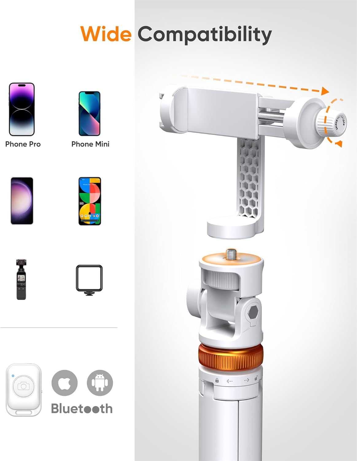 EUCOS 62" Tripod for iPhone, Sturdy Selfie Stick Tripod with Remote & Lightweight Phone Stand, Solidest Portable Cell Phone Tripod, Compatible iPhone Pro Max/Android [White]