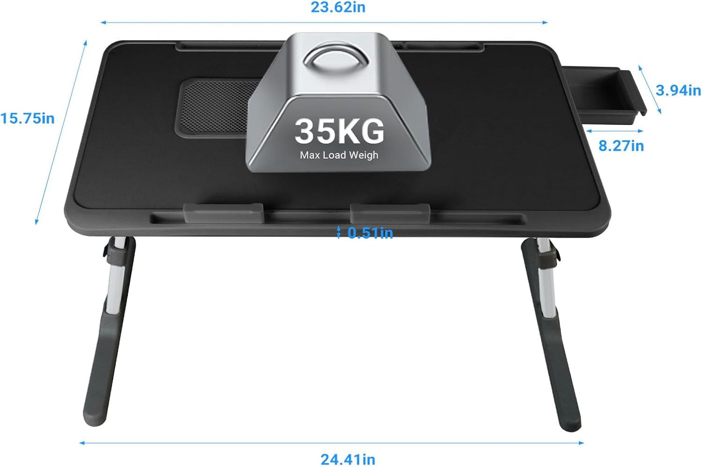 Laptop Lap Desk Include Cooling Fan,Adjustable Lap Desk with Light Fan,Folding Laptop Desk for Bed with USB,Bed Desk with Storage Drawer 56 * 32cm,Black