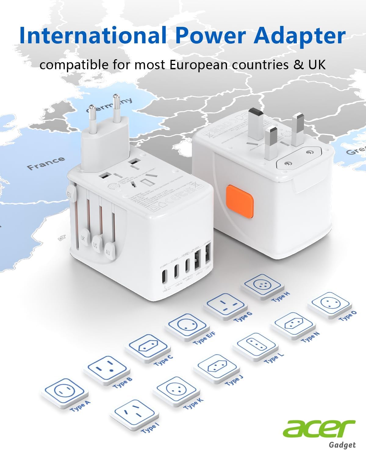 Acer Universal Travel Plug Adapter - International Power Adapter with 5 USB Ports (3 USB C) 5.8A, Worldwide Outlet Charger for USA to European UK France Germany Spain, Type C/E/F/G/I/L/A, White