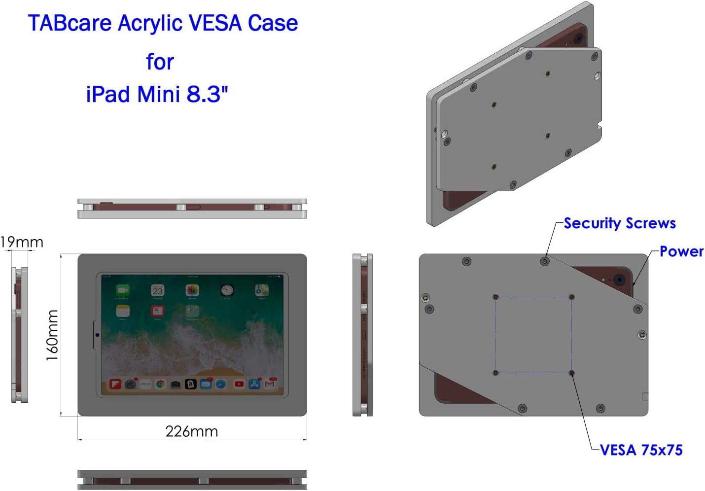 TABcare Anti-Theft Acrylic VESA Enclosure for Apple iPad mini 6/7 8.3" 2021 with Free Wall Mount Kit & 90-Degree Angle USB C Charge Cable (iPad mini 6 8.3", Black)