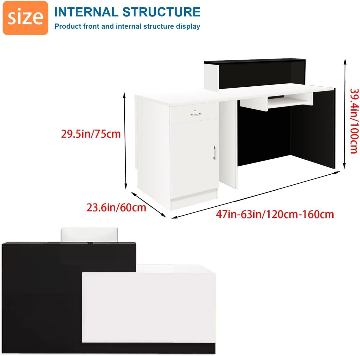 Reception Desk with Counter Modern Checkout Counter with Lockable Drawer Keyboard Tray Receptionist Desk for Office Salon Reception Table N Left 63inch/160cm