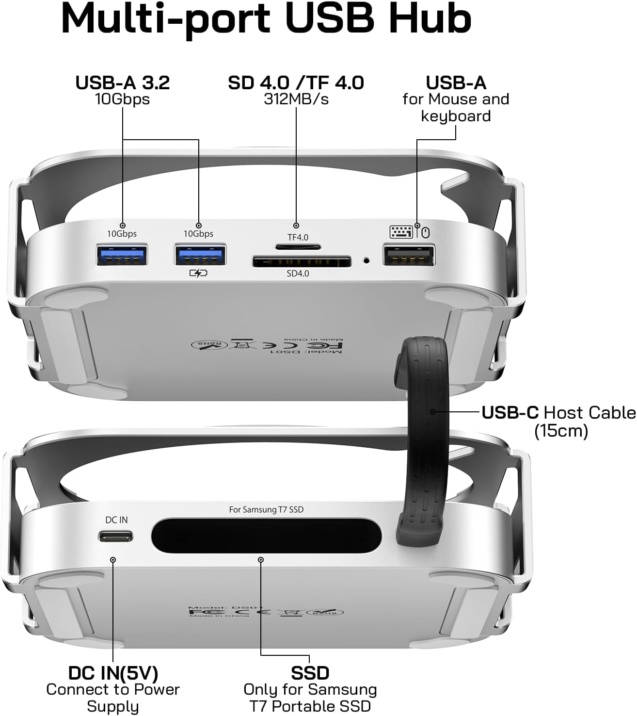 M-ac Mini M4 Dock with 4TB Sam-Sung T7 Portable SSD Enclosure(SSD NOT Included), 7-in-1 Aluminum Hub & Stand for Mac mini M4 and M4 Pro 2024, 10Gbps USB A 3.2, 15CM USB C Cable, SD/TF 4.0 Card Reader