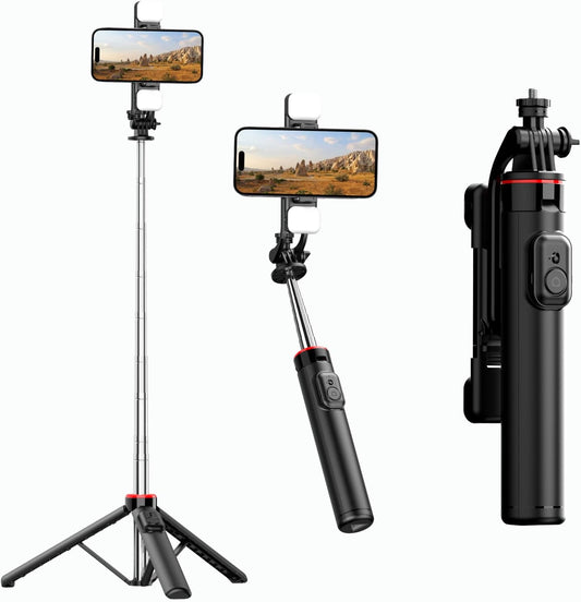C13D 53" Selfie Stick Tripod with Fill Lights, Bluetooth Remote – Detachable Phone Mount, Dual Light Modes, for iPhone, Android, GoPro & Camera
