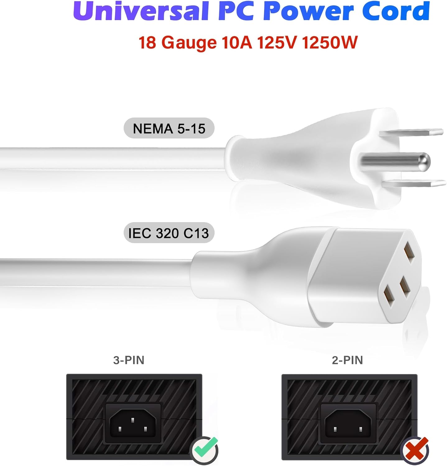 Adoreen 10 Ft Computer TV Replacement Power Cord White, 18AWG 3-Prong AC Universal Power Supply Cable NEMA 5-15P to IEC 320 C13 for Printer, PC, Monitor TV LCD, ETL+Ties
