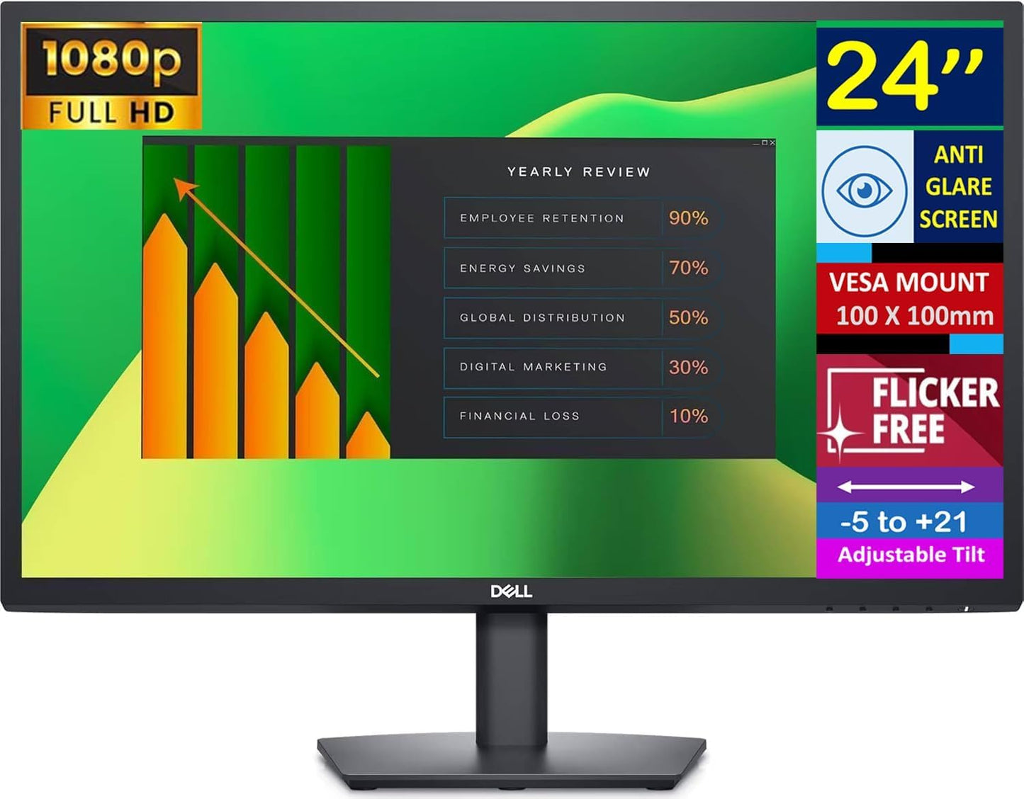 Dell 24" FHD VA Monitor with 5 ms Response Time, Flicker Free & Anti-Glare Display, VESA Mount(100x100mm), 1 x DisplayPort, VGA, Home & Business, Black (2025 Latest Model) & Ergoflexy Single Mount Arm