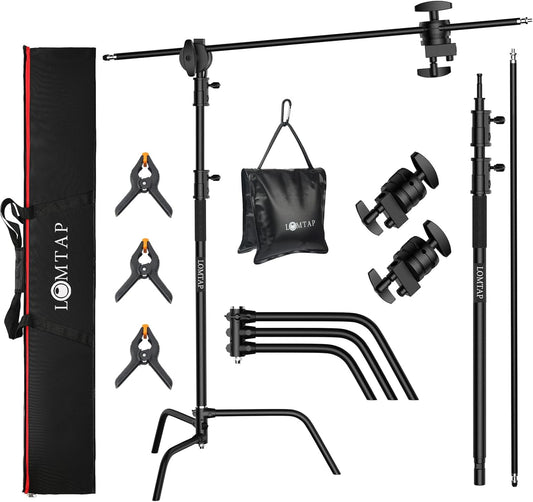LOMTAP C Stand Light Stand Stainless Metal Photography Kit - Heavy Duty 10.8ft/330cm Vertical Pole, 4.2ft/128cm Boom Arm, Adjustable Base, Water Sandbag, 2 Grip Heads, 3 Clips for Softbox, Reflector