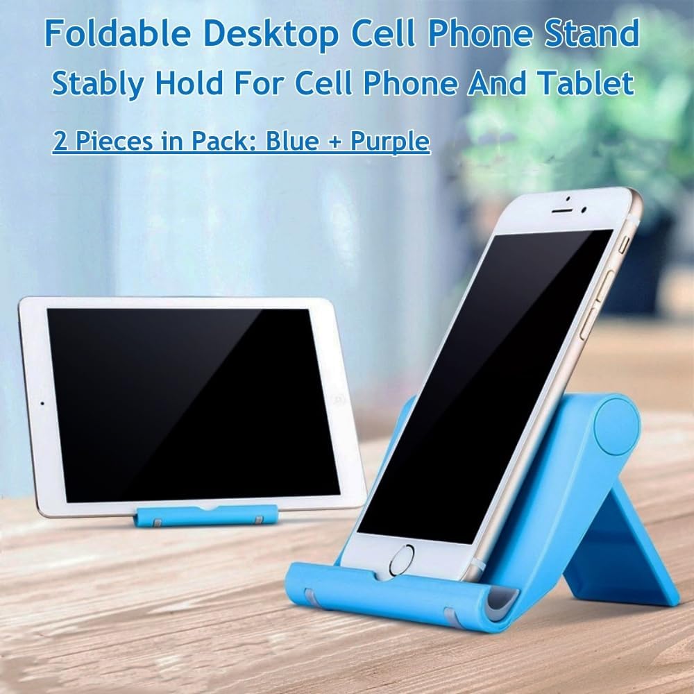 Portable Adjustable Cell Phone Stand, 2 Pack, Universal Fit for Desktop, Tablet, Compatible with Most Phones & Devices (Purple+Blue)