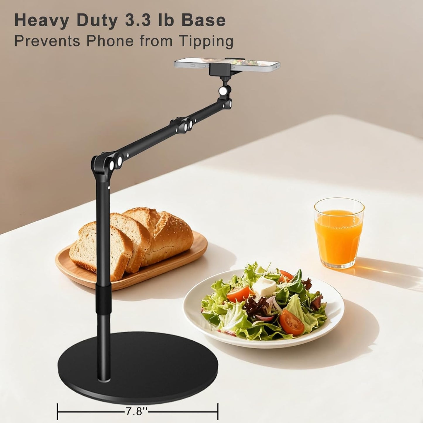 Overhead Phone Mount for Desk, 17" Long Arm Adjustable iPhone Holder, Heavy Duty Rotatable Stand for Video Recording, Live Streaming, Crafting, Cooking