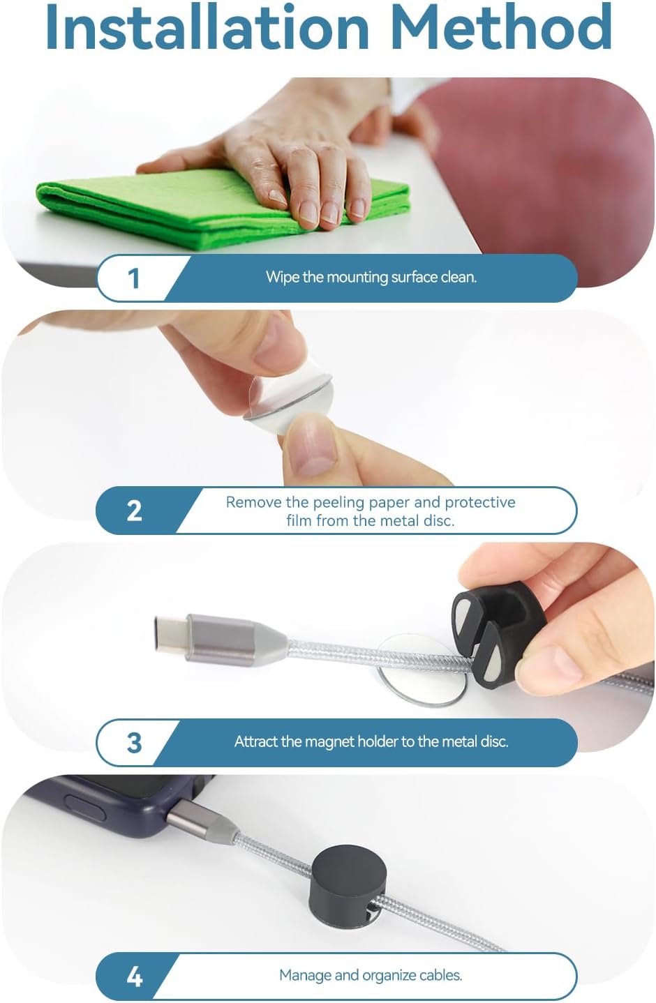 Maveek Magnetic Cord Clips Black, Silicone Cord Organizer Magnet Cable Holder Charging Cable Management Cord Keeper with Adhesive Metal Disc (5 Piece, Large Size)