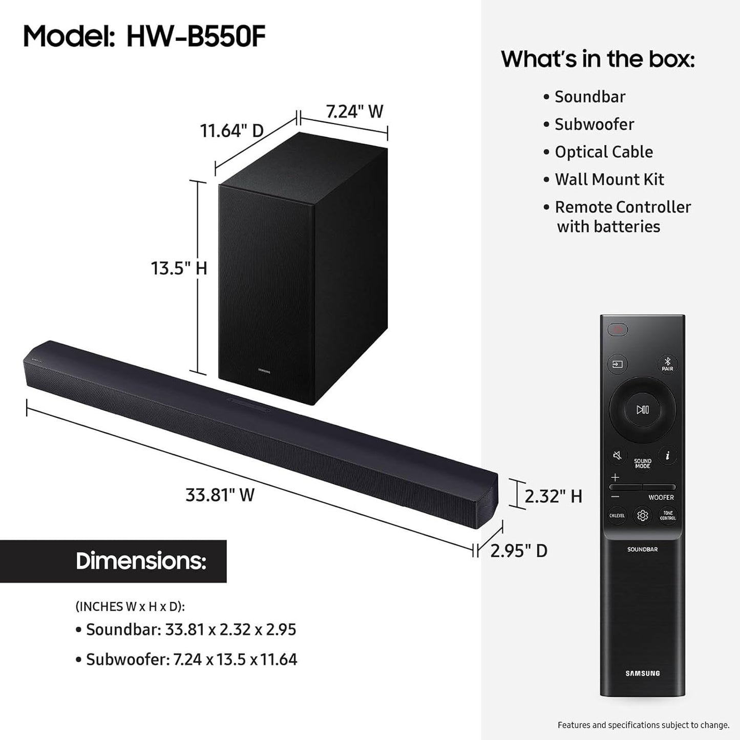 Samsung B-Series Soundbar HW-B550F 2.1 ch DTS Virtual:X Soundbar with Subwoofer (2025 Model) Voice Enhance Mode, Bass Boost, Adaptive Sound