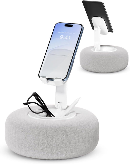 Phone Stand with Pillow, Adjustable iPhone Stand with Anti-Slip Strips, High-Viscosity Pads – Compatible with 4"-7" Devices, Including iPhone, iPad, Kindle, and Android (Grey)