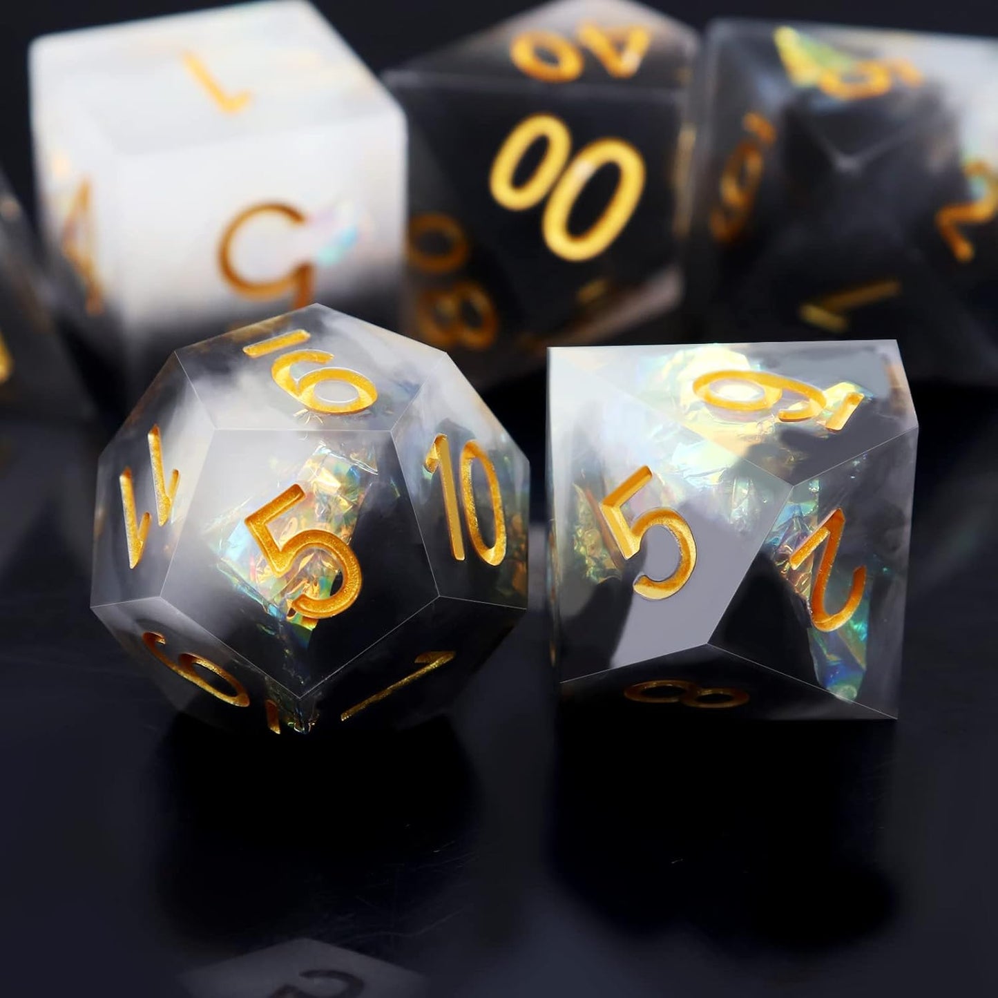 Haxtec Sharp Edge Dice Set DND Dice Black and White Resin Dice Iridecent Mylar Galaxy D&D Dice for RPG Role Playing Compatible with Dungeons and Dragons Gift