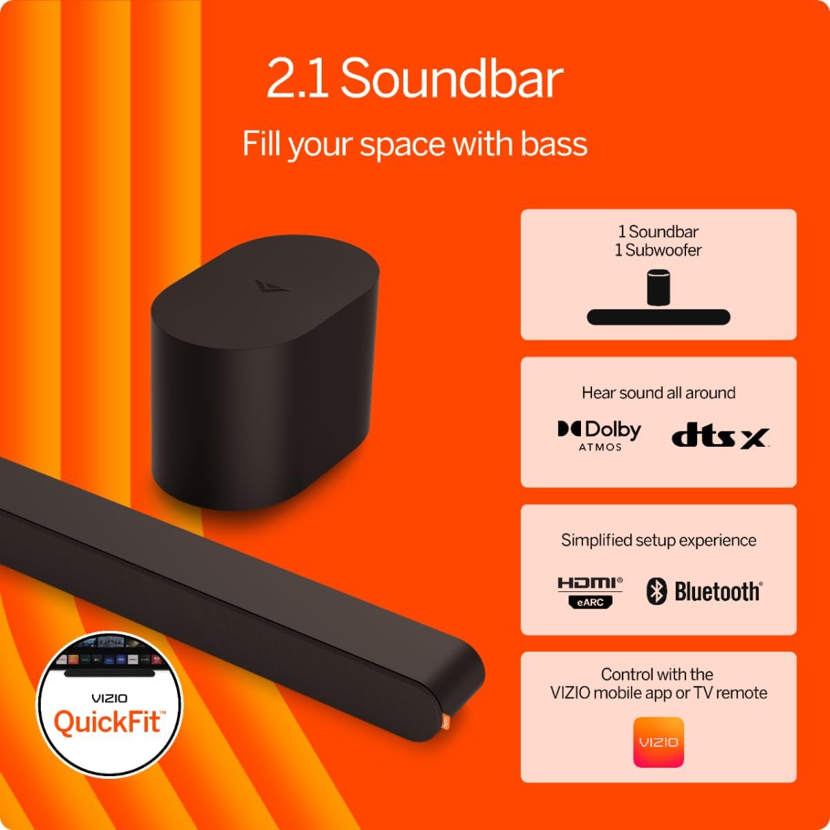 VIZIO 2.1 Soundbar, Wireless Subwoofer w/Dolby Atmos & DTS:X, Bluetooth Speaker, QuickFit™ Compatible – SV210M-08 (New, 2024 Model)