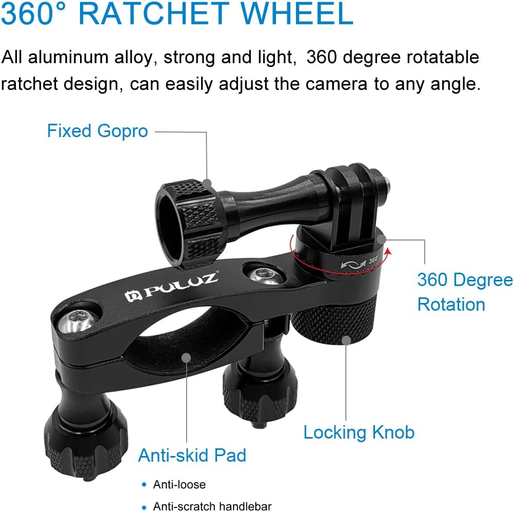 PULUZ Bike Motorcycle Handlebar Mount, 360 Degree Rotation Aluminum Bicycle Moto Camera Mount for GoPro Hero 12 11 10 9 8 7 6 & DJI Osmo Action