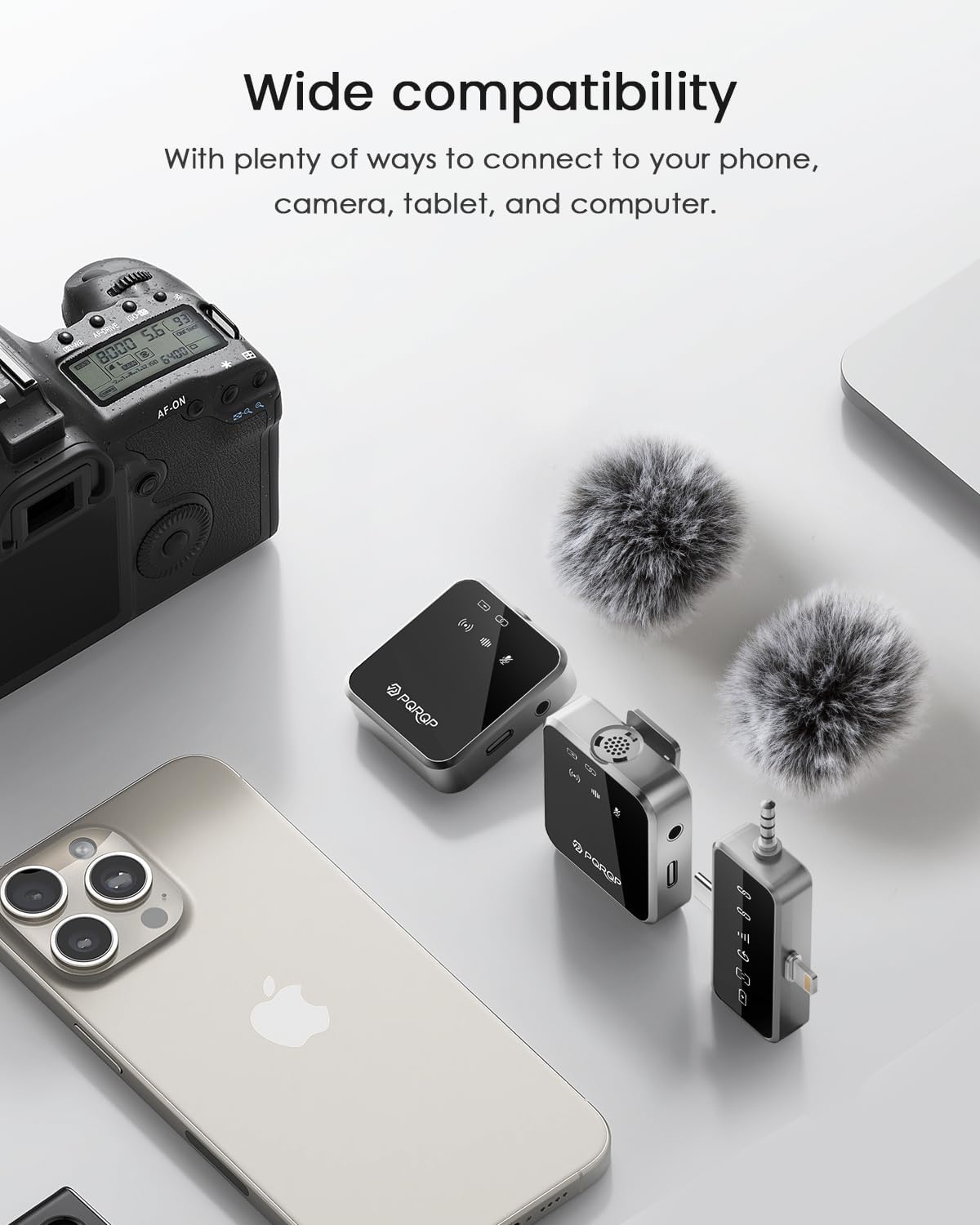 PQRQP 3 in 1 Microphone for iPhone/Android/Camera, Mini Microphone, 328ft Transmission, 18H Battery Life, Wireless Microphones Crystal-Clear Audio for Podcasting, Vlog, Streaming (Graphite Gray)