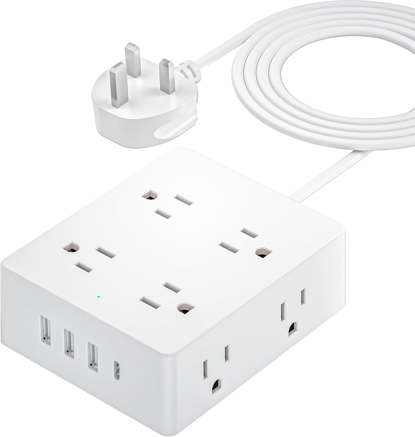 UK Travel Plug Adapter, Olcorife US to UK Ireland Type G Plug Adapter, International Power Strip with 8 Outlets and 4 USB(1 USB-C), 5 FT Cord for UK Ireland Dubai Hongkong