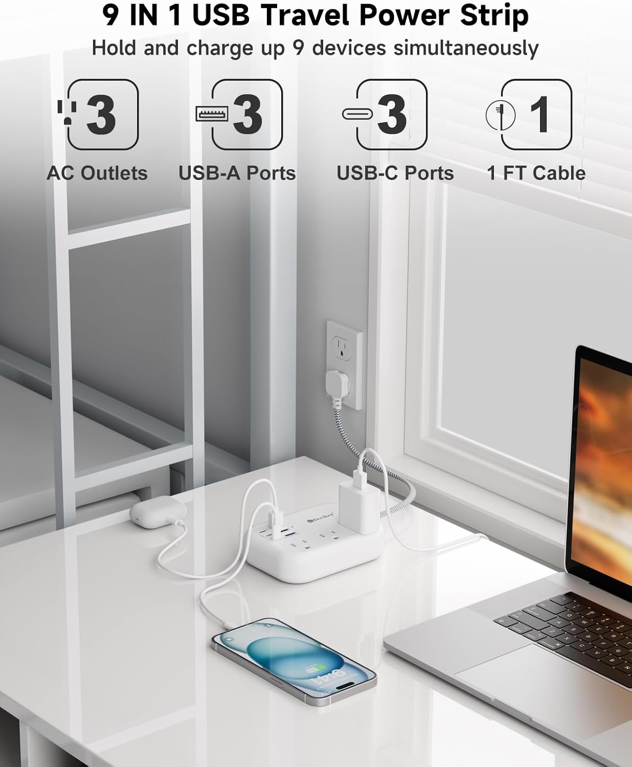 Short Extension Cord 1 Ft- 6 USB(3 USB C) Travel Power Strip with 24W USB Charging Station and 3 Outlets, 1Ft Small Flat Plug Extension Cord Surge Protector for Travel Home College Dorm 1625W