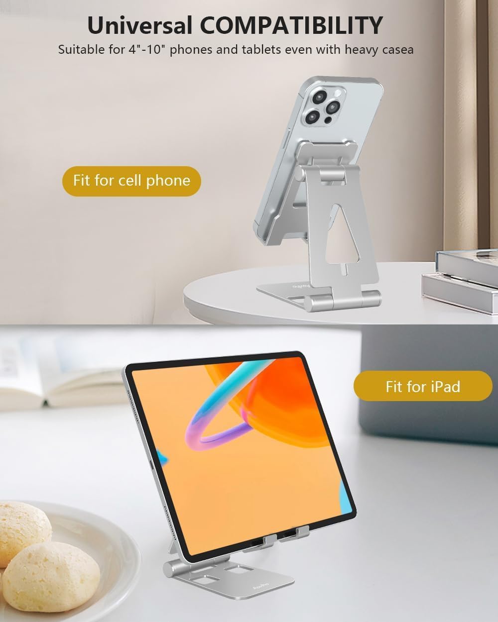 Cell Phone Stand for Desk, Adjustable Desktop Phone Holder Stand, Foldable Moblie Phone Dock for iPhone 15 14 13 12 11 Pro Xs Max Xr X 8 7 6 5 5s SE Nintendo Switch All Phones, Silver