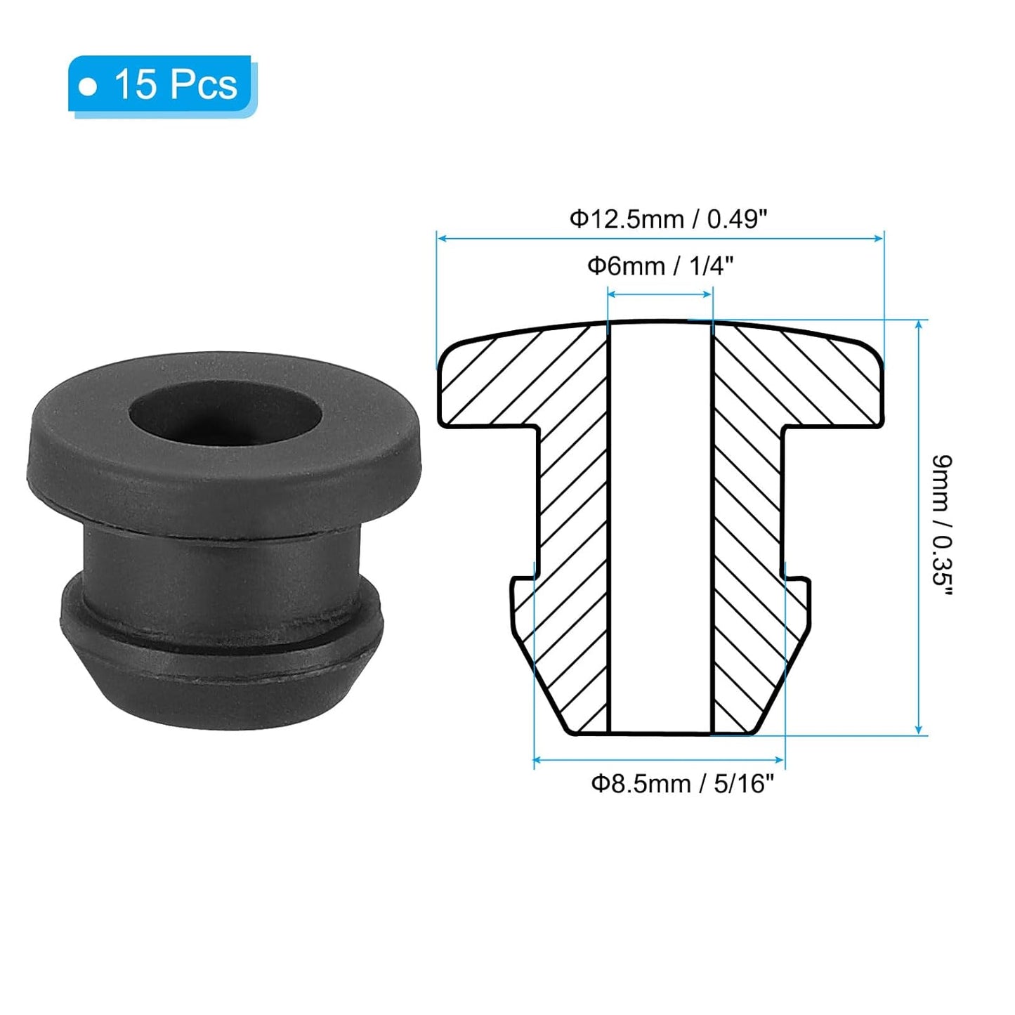 PATIKIL 8.5mm / 5/16 Inch Drill Hole,1/4 Inch ID Rubber Grommets, 15Pcs Top Hat Grommet for Wiring Eyelet Ring Gasket Automotive Firewall Cable Hole Plugs Wires Protection, Black
