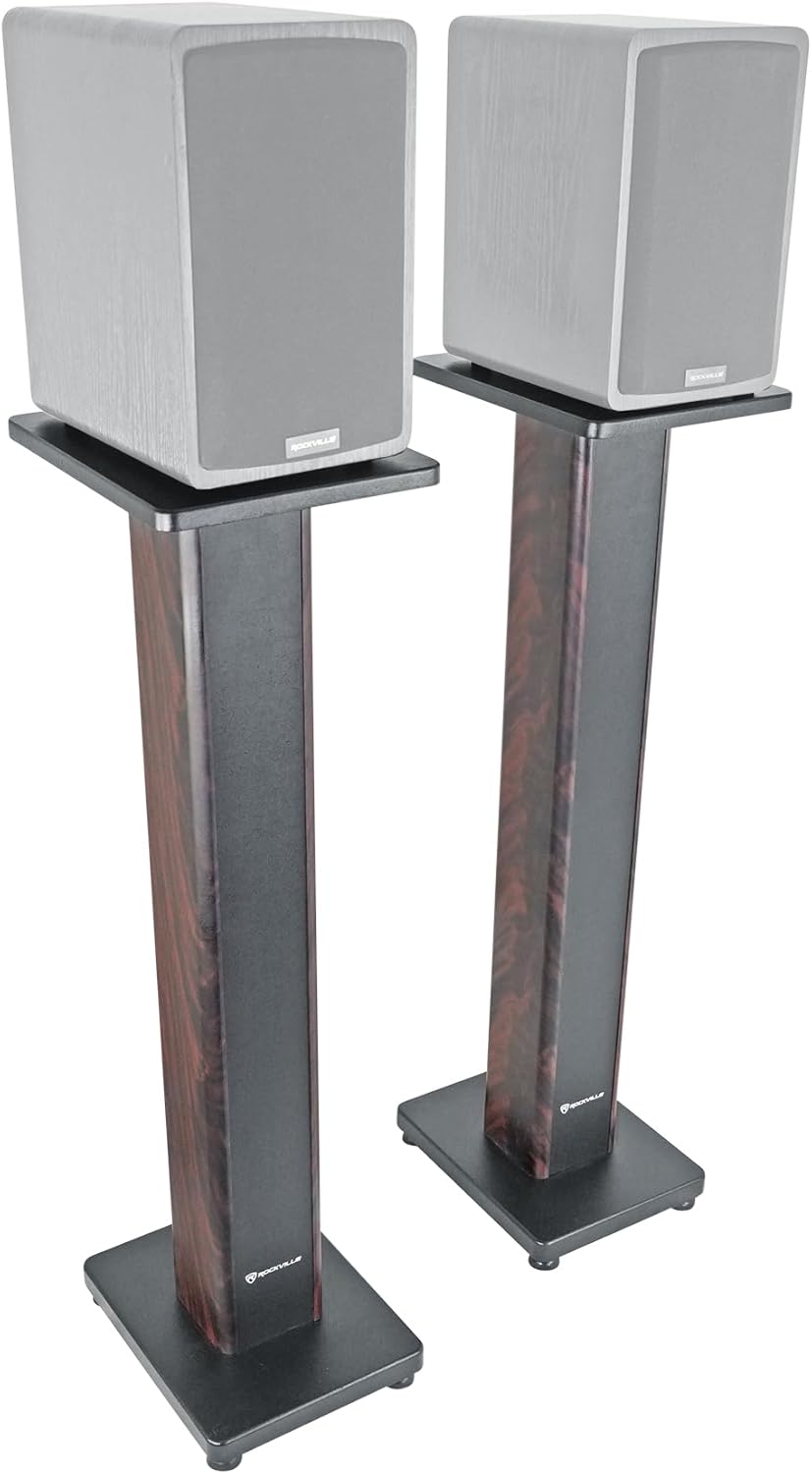 Rockville RHTSD 36" Bookshelf Speaker Stands, Dark Wood Grain, Dual Top Plates, Sand-Fillable Design, 60 lbs Capacity, for Home Theater and Studio Audio