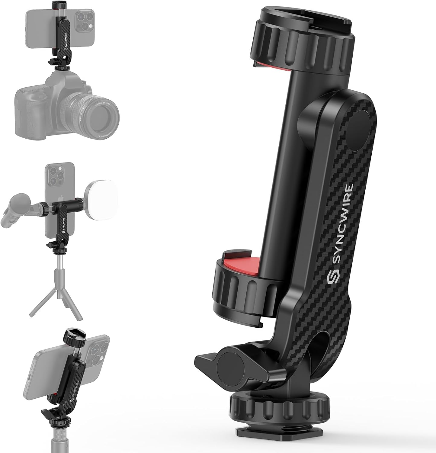 SYNCWIRE Tripod Phone Mount, Universal Smartphone Mount Adapter with 2 Cold Shoe and 1/4" Screw, 360° Rotates and 180° Tilts Adjustable Cell Phone Clamp Holder for Enhancing Mobile Photography Setup