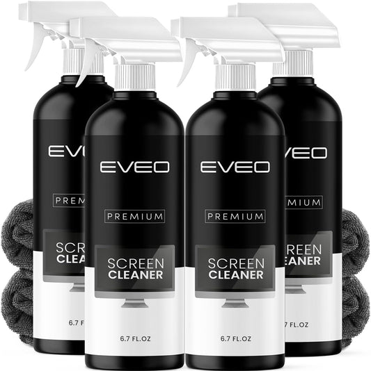 EVEO® Screen Cleaner Spray Kit (Streak-Free) TV Screen Cleaner for Smart TV, LCD, LED, OLED | Computer Screen Cleaner Spray and Wipe Microfiber Cloth - TV, Monitor, Laptop, iPad, Car - 6.7oz 4 Pack