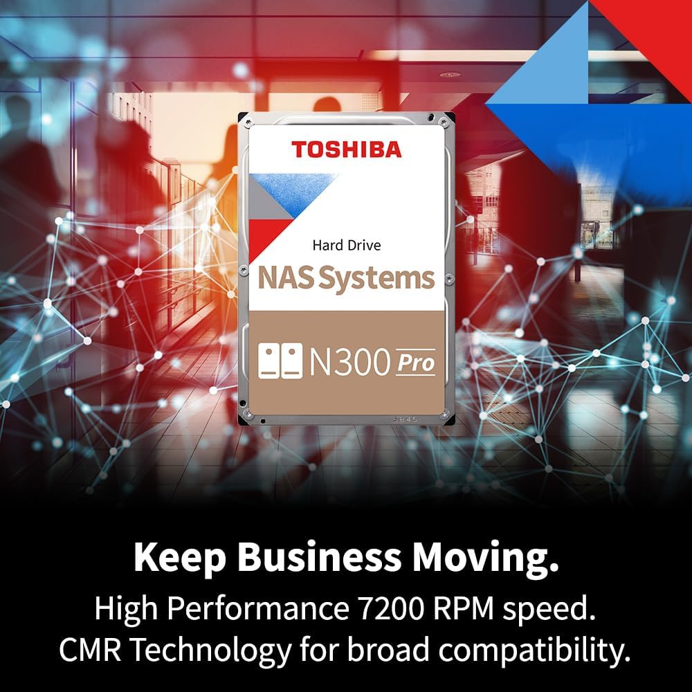 Toshiba N300 PRO 18TB Large-Sized Business NAS (up to 24 bays) 3.5-Inch Internal Hard Drive - Up to 300 TB/year Workload Rate CMR SATA 6 GB/s 7200 RPM 512 MB Cache - HDWG51JXZSTB