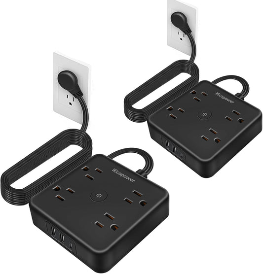 Surge Protector Power Strip 15 ft Cord,Long Power Strip with 4 Widely Outlets, Thin Extension Cord with 3 USB Ports(1 USB C Port),Slim Desk Charging Station,Black(2 Pack)