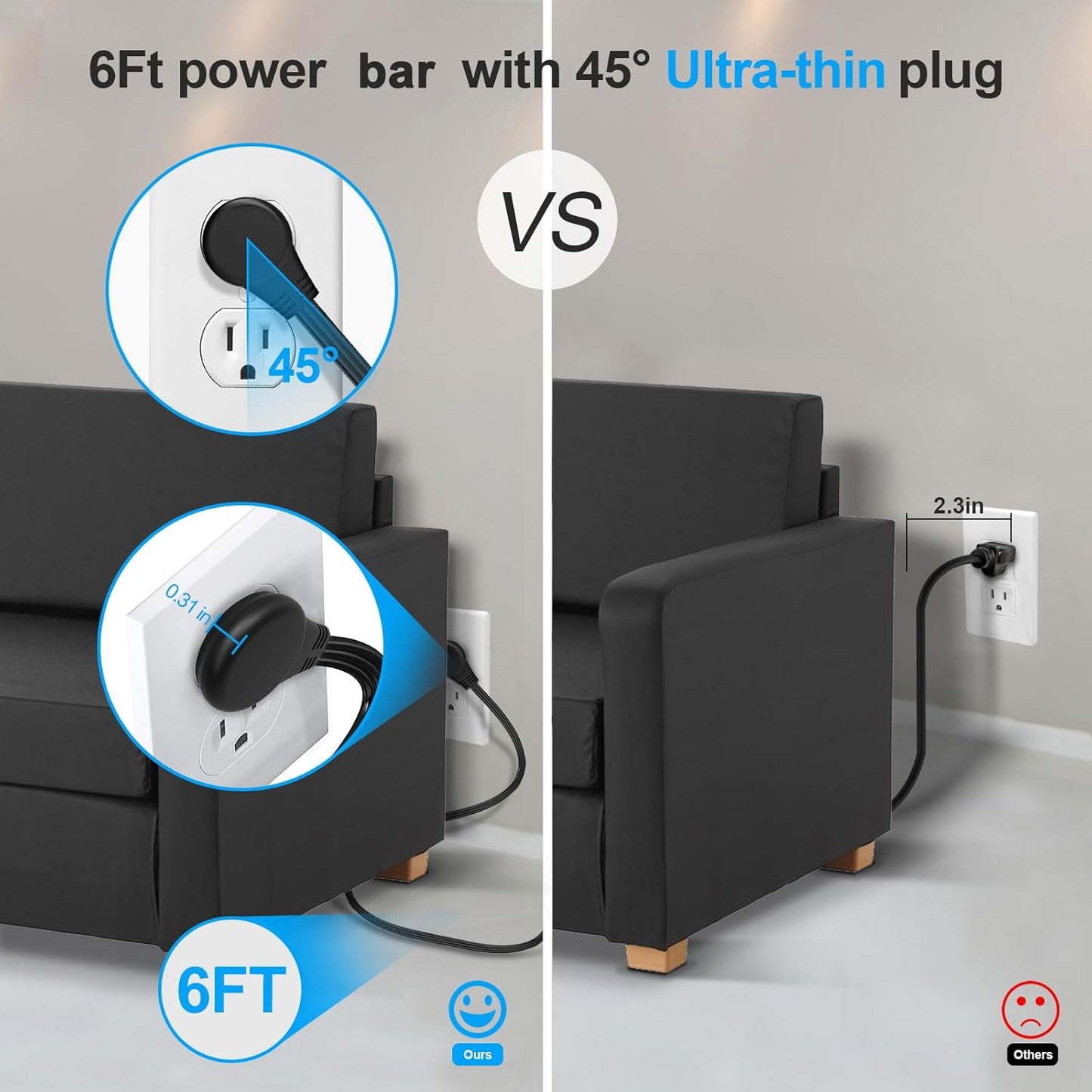 2 Pack Ultra Flat Plug Power Strip,Power Strips with Surge Protection-4 Widely Outlets,6 ft Flat Plug Extension Cord with 3 USB Ports(1 USB C Port),Slim Desk Charging Station,Black