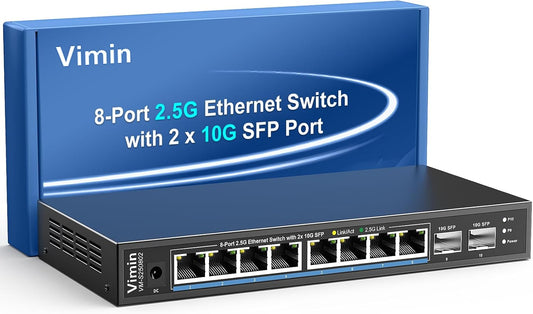 10 Port 2.5G Switch Unmanaged, VIMIN 8X 2.5G Switch Base-T Ports+2X 10G SFP Port, 80Gbps Switching Capacity, IEEE802.3, Metal Housing, Fanless, Work for 2.5Gbps NAS, Wireless AP & PC