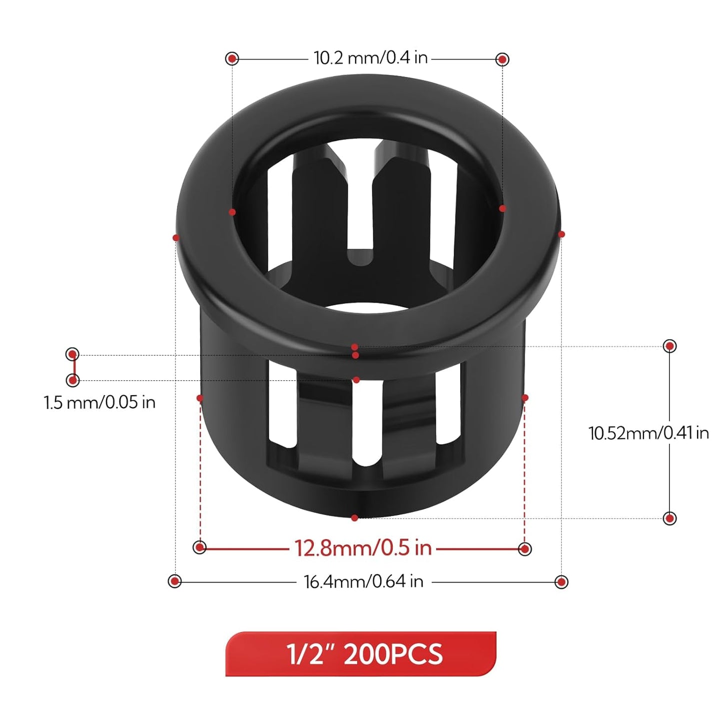 200PCS 1/2" Black Cable Snap Bushing Grommet, Snap in Cord Bushing Protect Cables