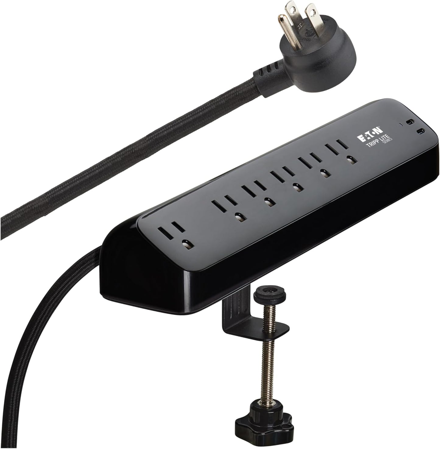 Eaton Tripp Lite series Desk Clamp Power Strip Surge Protector, 6-Outlets, 2x 30W USB-C Charging Ports, 900 Joules, 10ft Braided Flat Extension Cord, Lifetime Manufacturer's Warranty (TLP610U30CLAMPB)