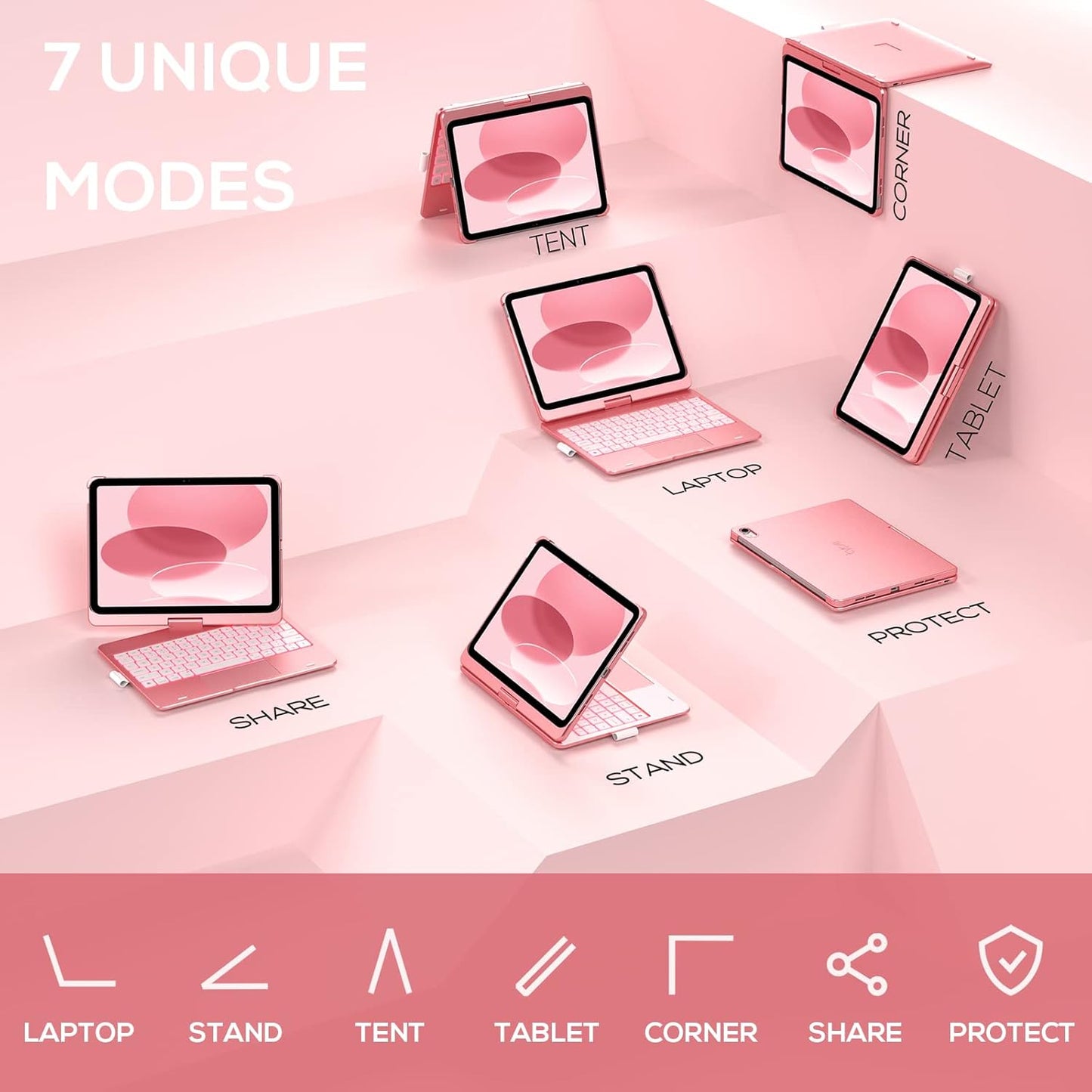 typecase Touch iPad 10th Generation Case with Keyboard (10.9", 2022) and iPad A16 (11th Gen, 2025) – 360° Rotatable, 11-Color Backlit, Multi-Touch Trackpad, Thin & Light (Rose Gold)