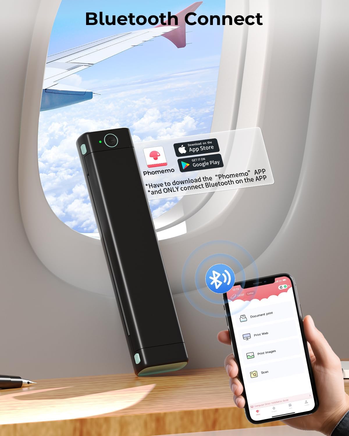 Phomemo Inkless Portable Printer for Travel - Wireless Thermal Printer Compatible with Phone & Laptop, Bluetooth Printers Supports 8.5" X 11" Letter Thermal Paper, Come with Carry Case